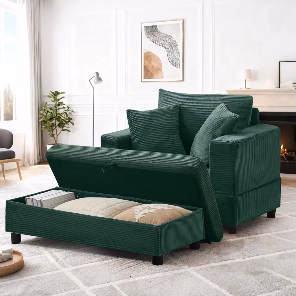 Chaise longue FOLYNA con vano contenitore e funzione letto in velluto a coste verde smeraldo con 3 cuscini – 2