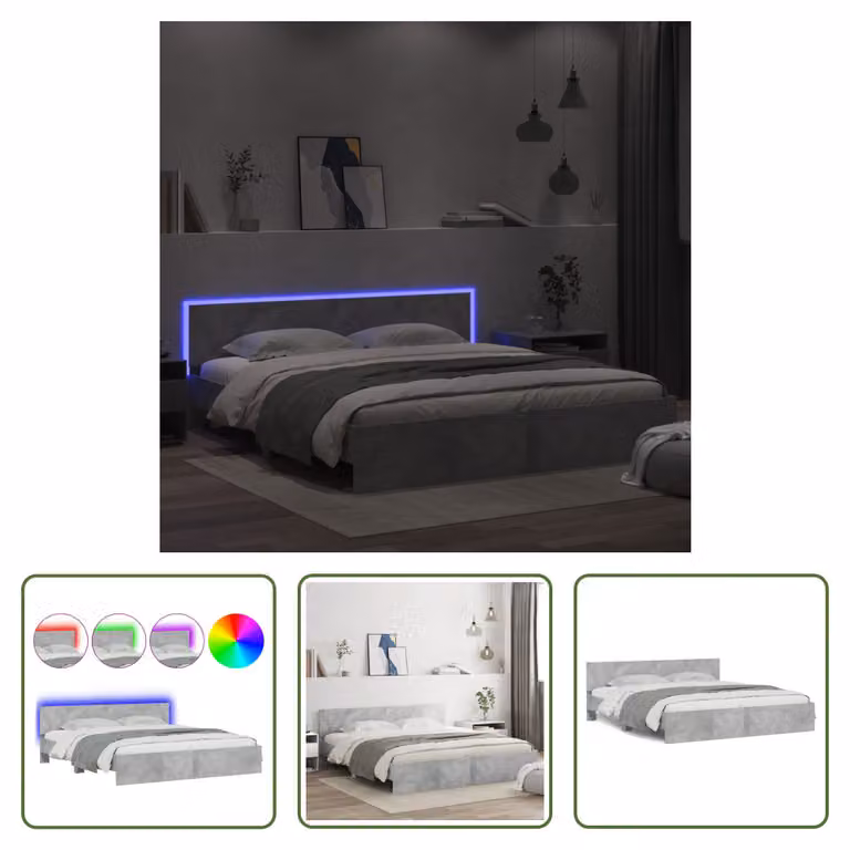 The Living Store Struttura letto con testiera e illuminazione LED grigio cemento