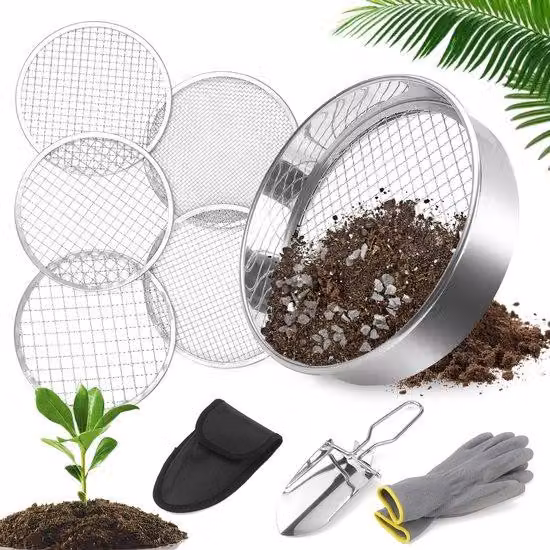 Setaccio da giardino in acciaio inossidabile Unyqoos®, resistente alla ruggine e robusto, con 5 inserti intercambiabili (da 3 a 12 mm), inclusi una paletta e dei guanti – ideale per la preparazione del terreno
