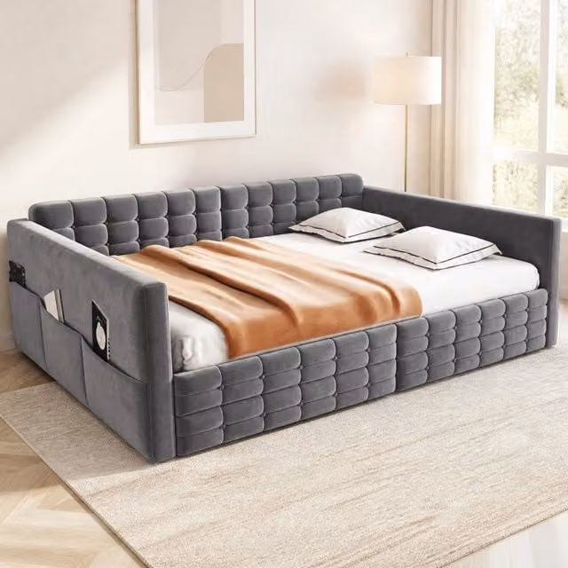Letto imbottito ULEVR 140x190 cm in velluto grigio con 2 cassetti e tasche laterali, rete a doghe
