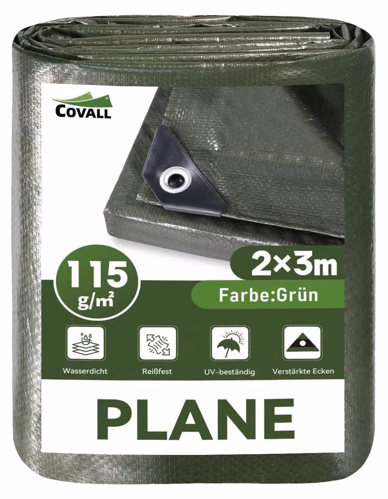 Telo protettivo verde, dimensioni 2x3 metri, peso 115 g/m², impermeabile, resistente ai raggi UV, resistente allo strappo, realizzato in polietilene (PE)