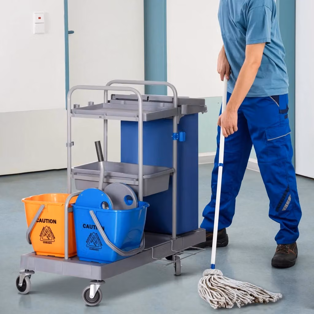 Carrello per pulizie professionale GIORDANOSHOP con 2 secchi, strizzatore e 3 ripiani, Grigio Blu e Arancione – 2