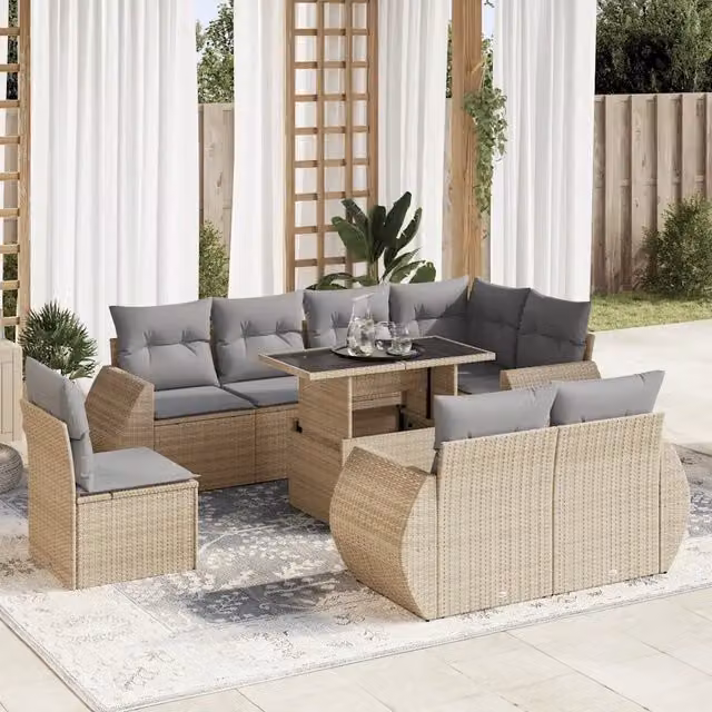 Set Divano da Giardino a L vidaXL in Polyrattan con Cuscini Beige e Tavolino da Esterno 9 pz – 1