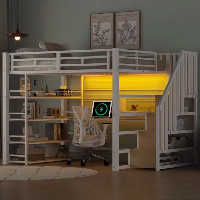 Letto a Soppalco con Scrivania, Cassetti, LED e USB ¨C MINIMAL ¨C Metallo Bianco 140x200