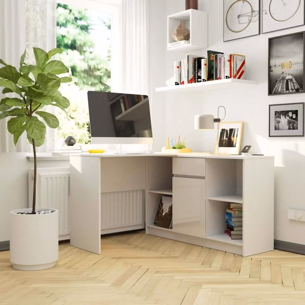 Scrivania angolare con cassettiera RALIO - bianco / bianco lucido