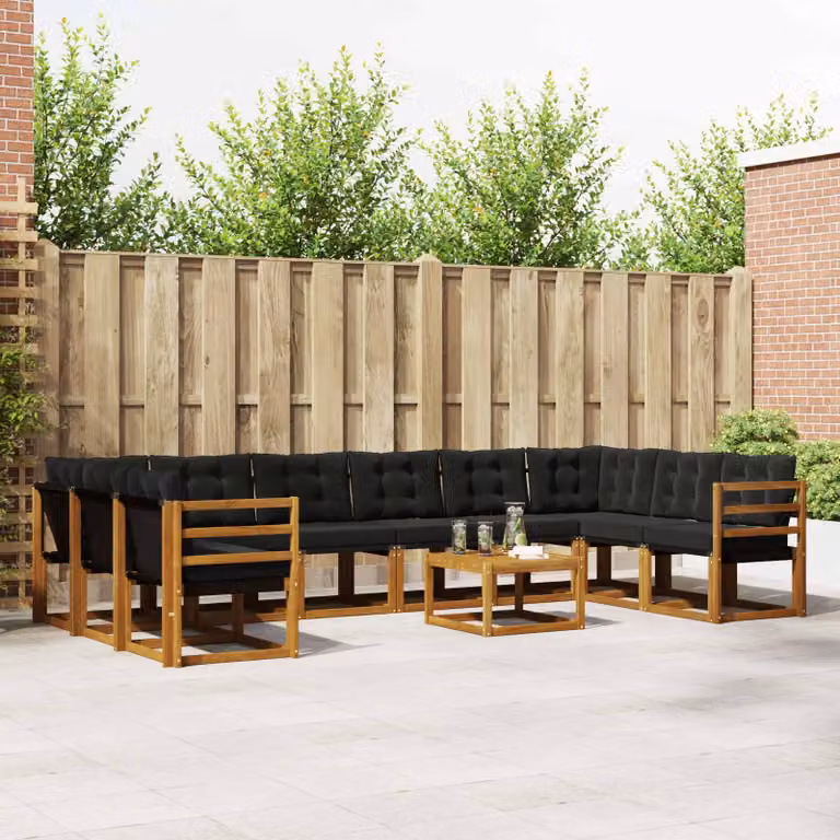 Set di divani da esterno moderno vidaXL in legno di acacia e textilene, 11 pezzi, Marrone e Nero