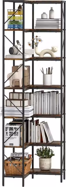 Libreria d'angolo industriale Zephmum con 7 livelli in metallo e MDF, colore marrone, L/P/H: 60 x 60 x 198 cm