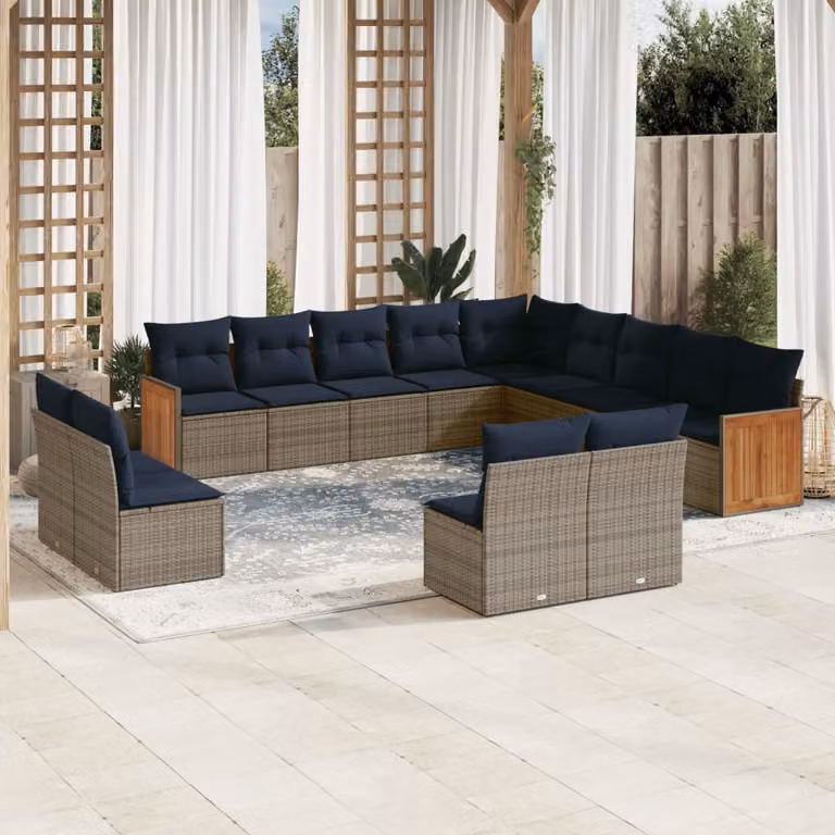 Set di divani da giardino vidaXL a forma di U composto da 13 pezzi con cuscini in poliestere resistente ai raggi UV e struttura in rattan, metallo e legno di acacia, colore grigio