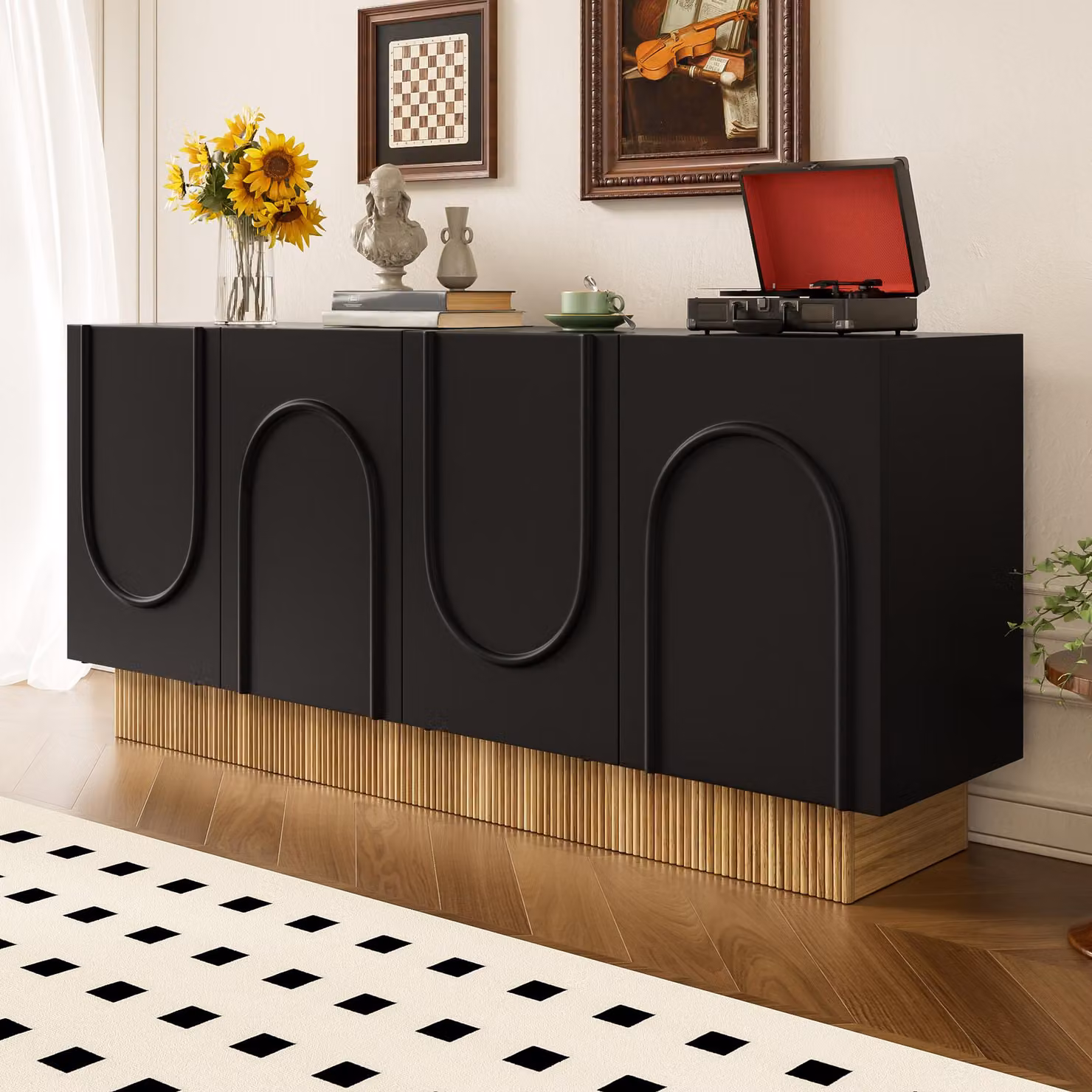 Merax Credenza moderna a 4 ante in look legno, design opaco con rilievi a U, cassettiera con ampio spazio per il soggiorno e la sala da pranzo, nero