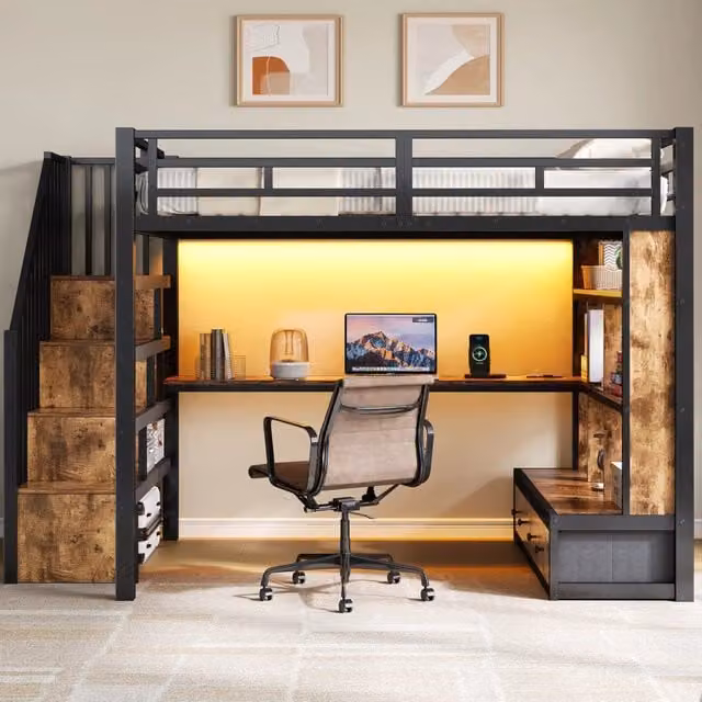 Letto a soppalco 140×200 cm con scrivania, ripiani, 2 cassetti e LED regolabile, senza materasso, nero