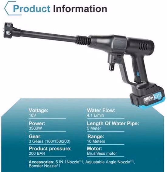 Idropulitrici ad alta pressione automatiche - 6 IN 1 - 18V - 200 bar - Senza fili - Brushless - Colore nero