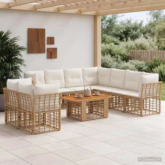 Set Divano da Giardino 10 pz Naturale e Bianco Crema polyrattan 3437880
