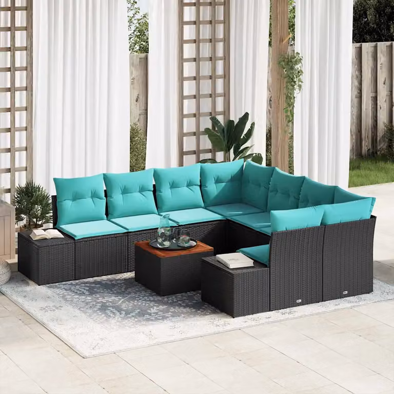 Set Divano da Giardino vidaXL 9 pz a forma di U con Tavolino, Colore Nero e Cuscini Turchesi, Struttura in Metallo e Polyrattan Resistente ai Raggi UV