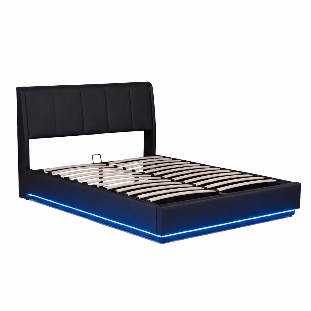Letto Francese Contenitore Tröstiar en.casa con Apertura a Ribalta, Luce LED e Rivestimento in Similpelle Nero, L/P: 140 x 200 cm – 2