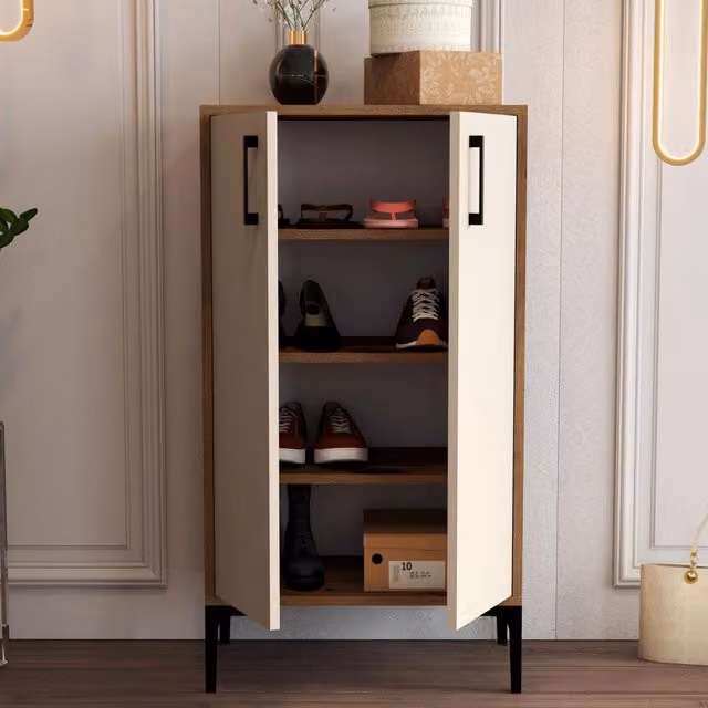 Scarpiera DMORA Cavalieri con 8 ripiani e ante a battente, Marrone e Bianco, L: 60 cm, P: 35 cm, H: 111 cm – 1