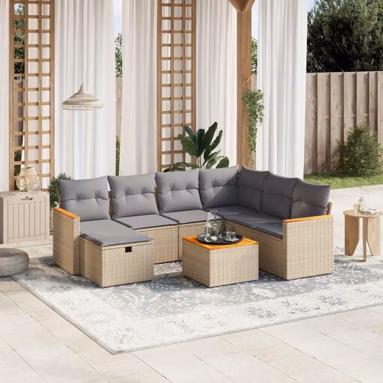 vidaXL Set Divano da Giardino 8 pz a Forma a L con Cuscini Beige e Grigio in Polyrattan e Acciaio
