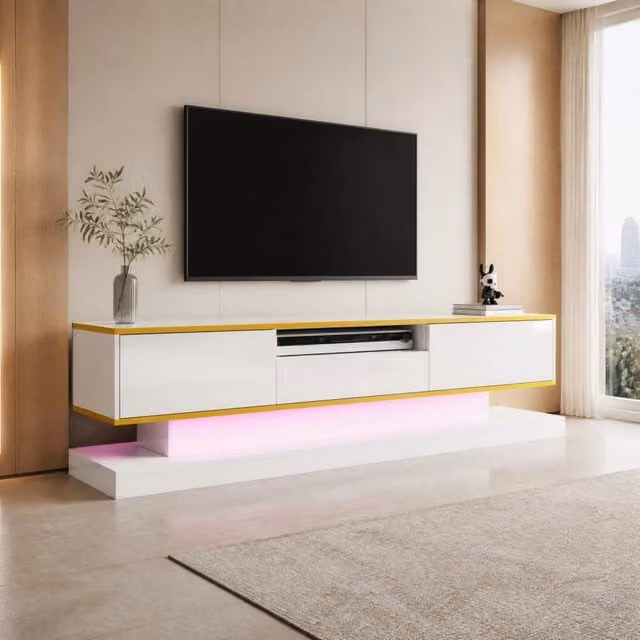 MOBILE TV 180x38x45 cm Bianco lucido con LED multicolore e 3 cassetti