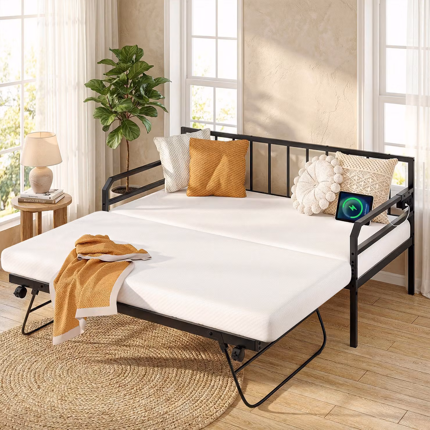Divano letto singolo Costway con luci LED, stazione di ricarica e contenitore estraibile, struttura in metallo per soggiorno e camera da letto