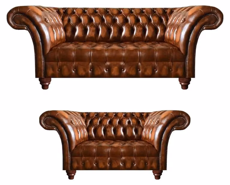 Edle Hellbraune Chesterfield Garnitur Wohnzimmer Zweisitzer 3-Sitzer