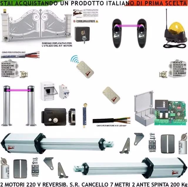 Kit Automatismo per Cancello Securvera 7 MT con 2 Ante da 3,5 MT, Motori Elettromeccanici Reversibili 230 V, Colore Grigio