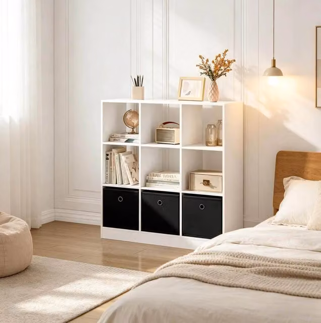 Libreria 80x30x86,5 cm bianca e nera in legno ingegnerizzato, 3 cassetti