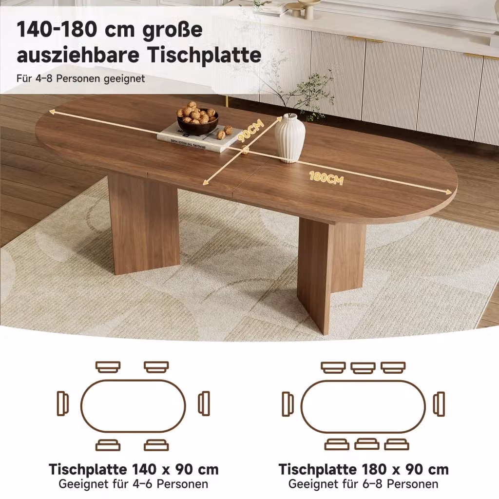 Tavolo da pranzo estensibile moderno REDOM in MDF marrone con piano ovale e angoli arrotondati L: 180 cm, P: 90 cm – 2