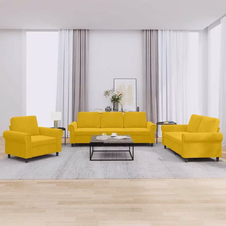 Set di divani 3 pezzi vidaXL in velluto giallo con cuscini per soggiorno moderno