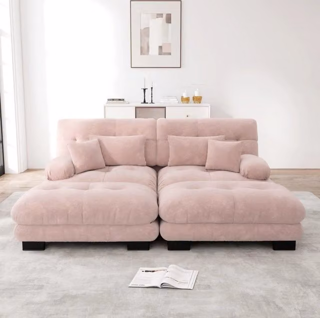 Divano angolare modulare 220x145x81 cm in chenille rosa con 2 pouf, per soggiorni –