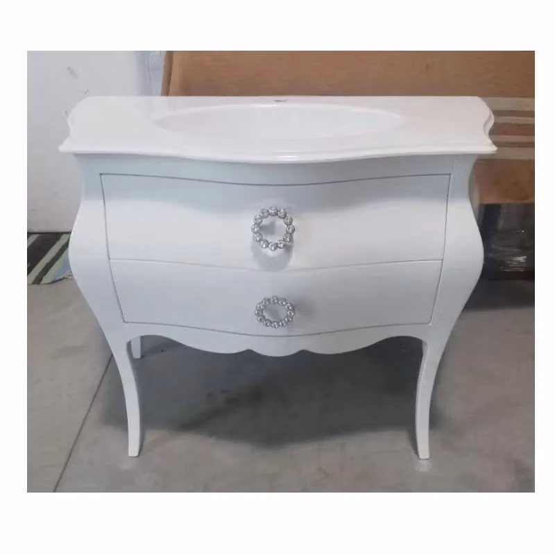 Mobile bagno bombato in legno con 2 cassetti stile shabby chic bianco Mobili 2G L: 108 cm, P: 55 cm, H: 82 cm – 2