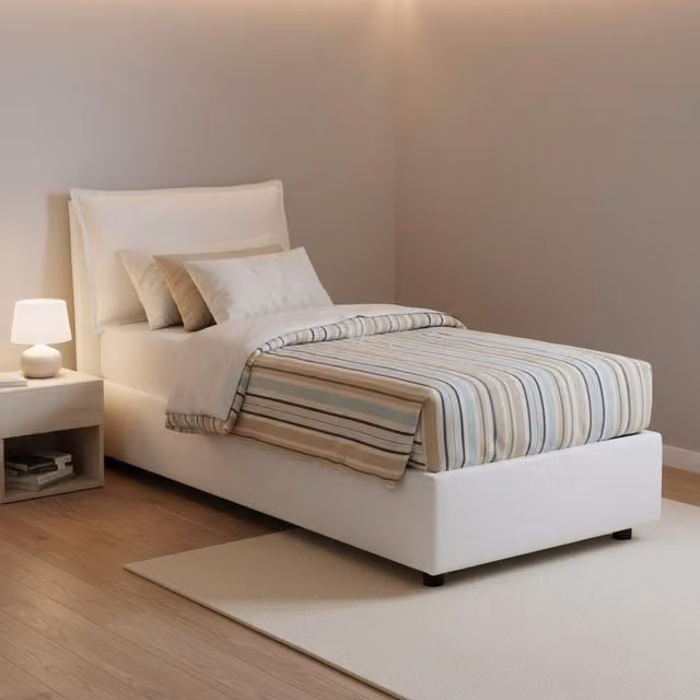 Letto singolo contenitore Arzon Talamo Italia con materasso incluso, rivestimento in tessuto, colore panna, dimensioni 90x200 cm