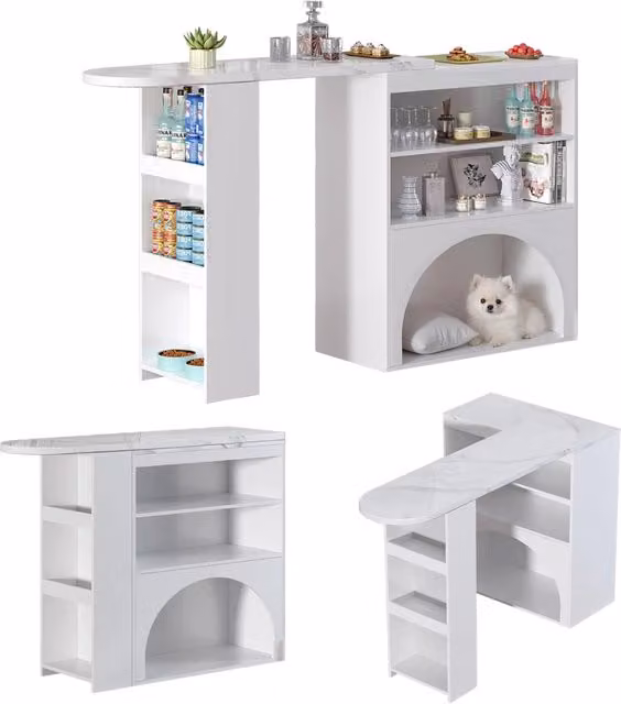 Tavolo Bar Estensibile 120(+80)×40×100 cm con Zona Animali; Ripiani e Piano Effetto Marmo Bianco