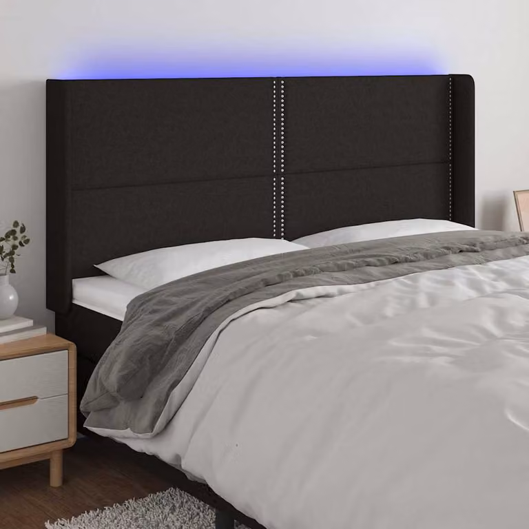 Testiera per letto vidaXL in tessuto nero con illuminazione LED e porta di ricarica USB, L: 183 cm, P: 16 cm, H: 118/128 cm