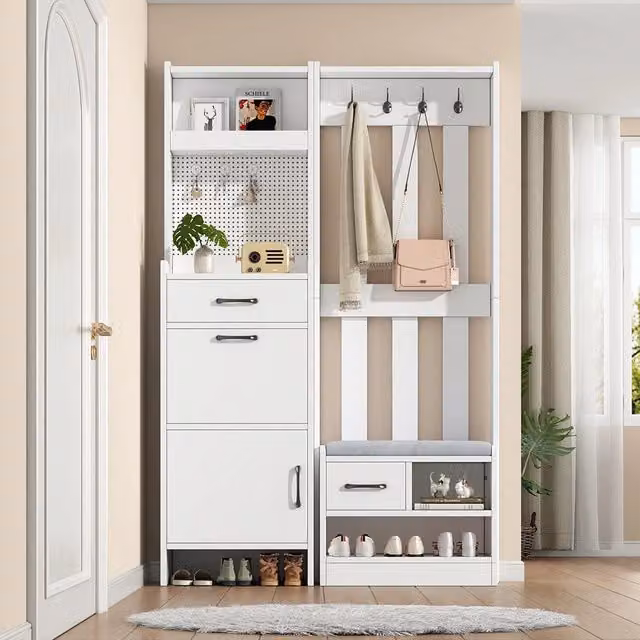Appendiabiti 7 in 1 con panchina - Xylo - 7 ganci, pannello forato, 2 cassetti, bianco, 110x35x175.5 cm