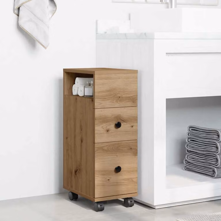 Mobile da bagno stretto con ruote vidaXL in legno color marrone con cassetti e ripiani interni