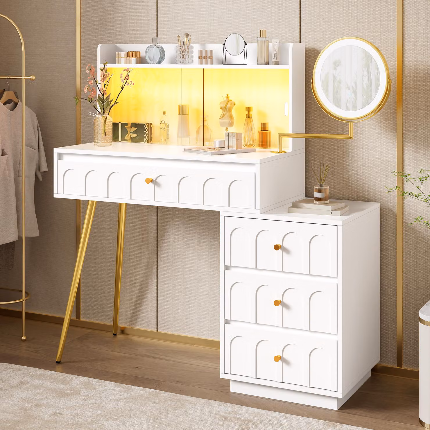 Toeletta Flieks con cassetti e ripiano, toletta con specchio da trucco, specchio con LED, comò da toeletta 112x40x116 cm, bianco