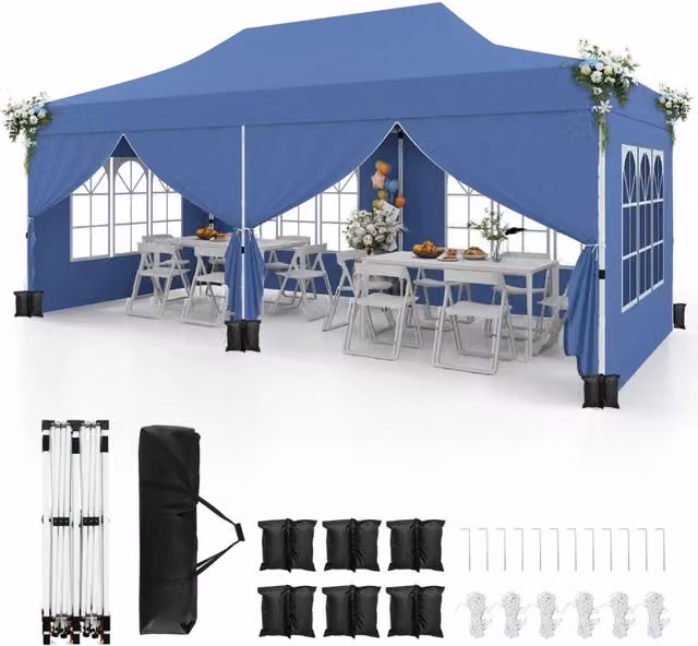 Gazebo pop-up con 6 pareti laterali e ingressi con cerniera, Gazebo istantaneo portatile per festa e picnic 3 x 6 m Blu