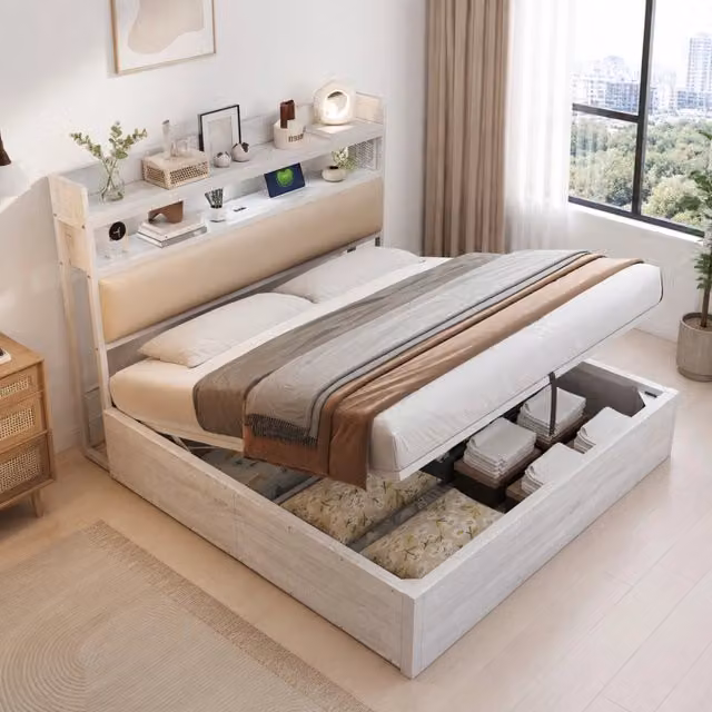 Letto matrimoniale 180 × 200 cm contenitore idraulico con testiera imbottita USB metallo legno bianco