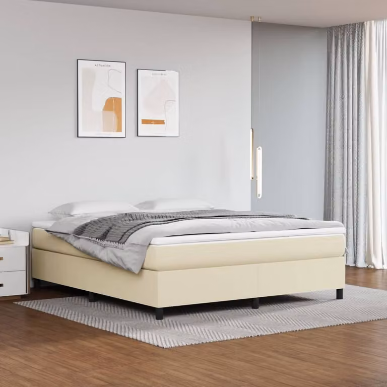 Letto con boxspring e materasso, colore crema, 160x200 cm, rivestito in ecopelle