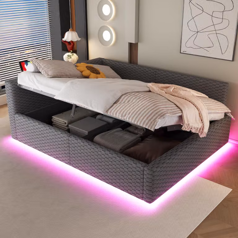 Divano letto MODFU, letto funzionale 140x200 con illuminazione a LED, letto matrimoniale, lettino per bambini con vano contenitore, letto imbottito con connessioni Tape-C e USB, base letto idraulica con materasso, grigio