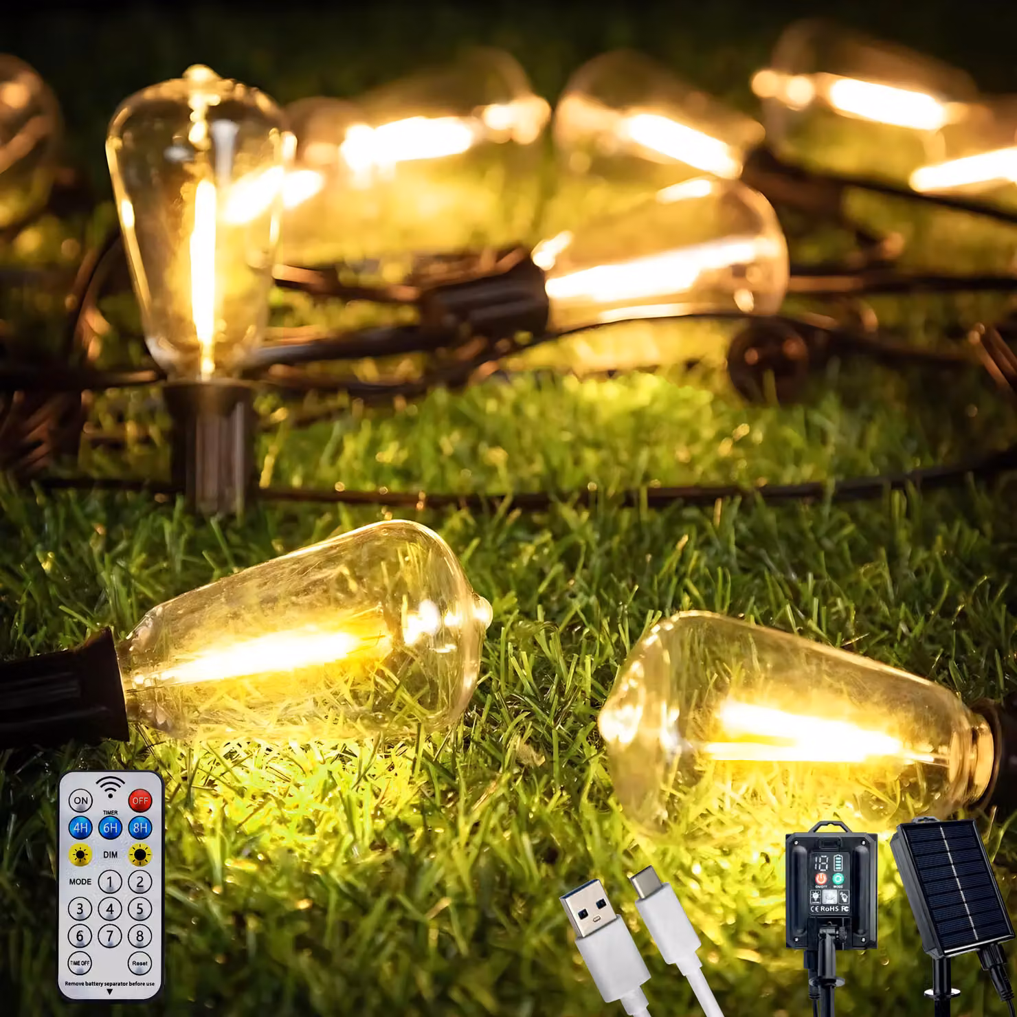 Ghirlanda solare da giardino 30x lampadine decorative LED 9,8m 2700K caldo + PYRIS LUMILED telecomando