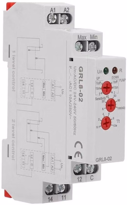 GRL8-02 - Regolatore per corrente alternata, 24-240 V, 10 A, controllo del livello 1/2, regolazione della sensibilità 5-100 kΩ, tempo di risposta 400 ms, relè di controllo