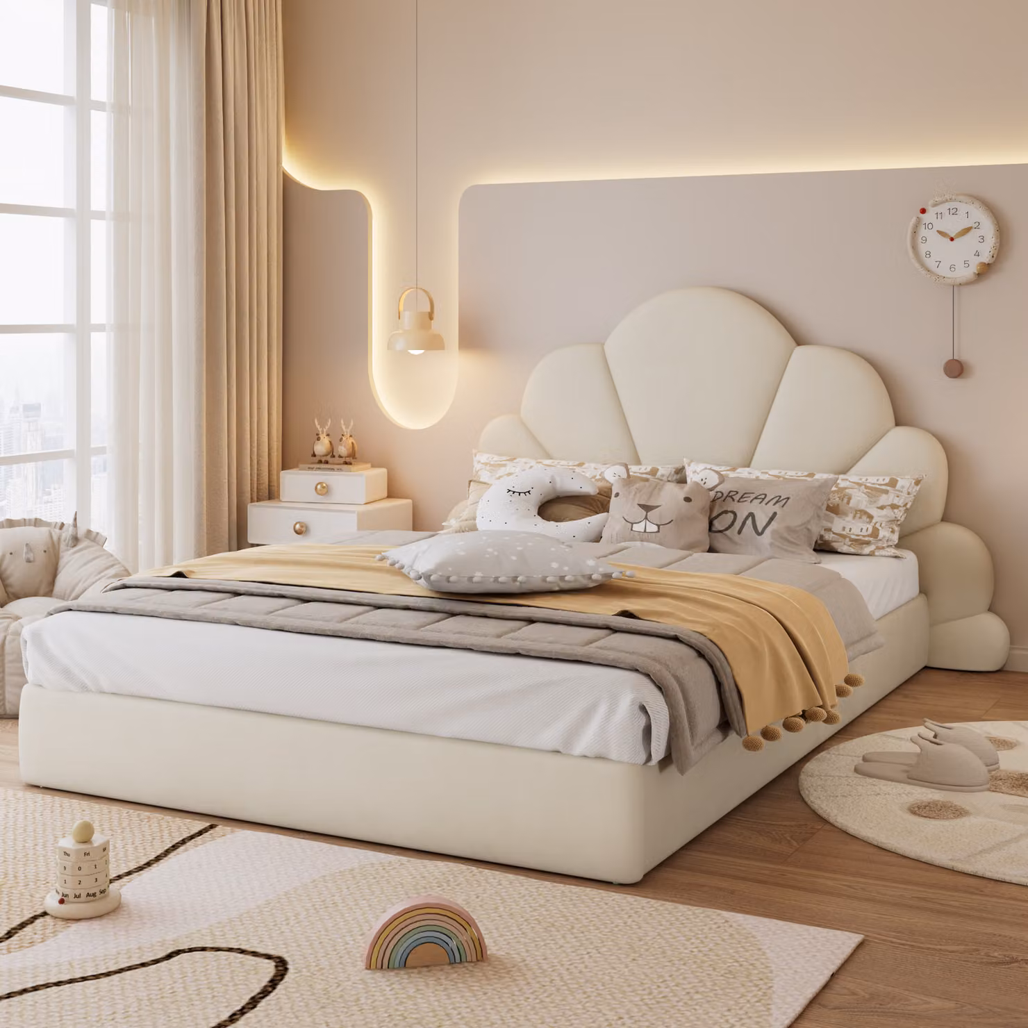 Letto imbottito Flieks 140x200cm con testata a fiori, letto per ragazzi con rete a doghe, letto matrimoniale letto classico letto in legno, velluto, beige