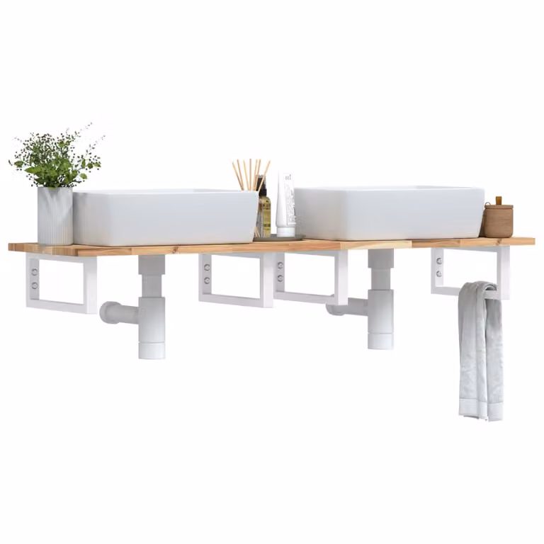 vidaXL Ripiano a Parete per Lavabo in Accacia e Metallo, Bianco e Marrone, L: 120 cm, P: 40 cm, H: 17 cm