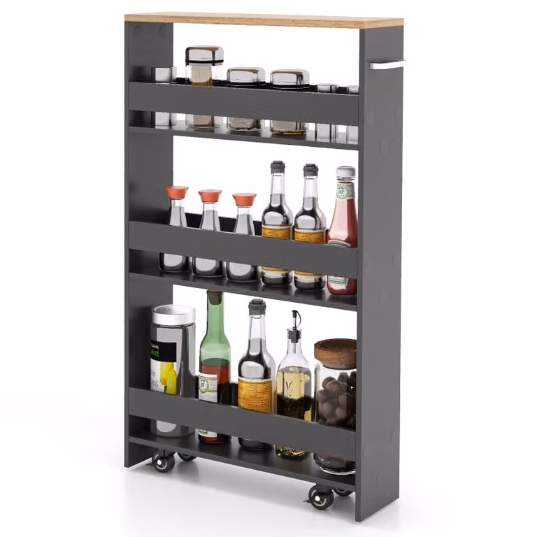 COSTWAY Carrello da nicchia largo 13 cm, carrello da cucina stretto a 4 ripiani, scaffale da nicchia su ruote, carrello da portata, scaffale da bagno in legno, 47,5x13x80,5 cm, grigio+naturale