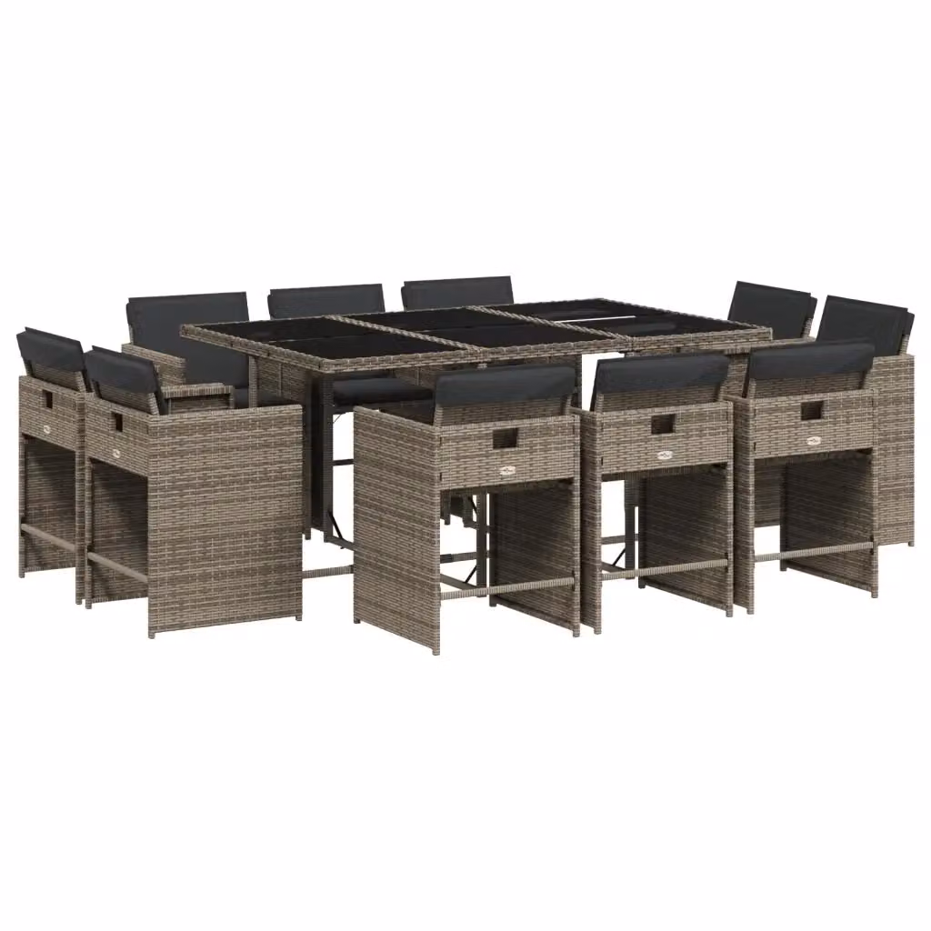 Set da pranzo da giardino vidaXL in polyrattan grigio con cuscini e tavolo in vetro, 11 pezzi – 2
