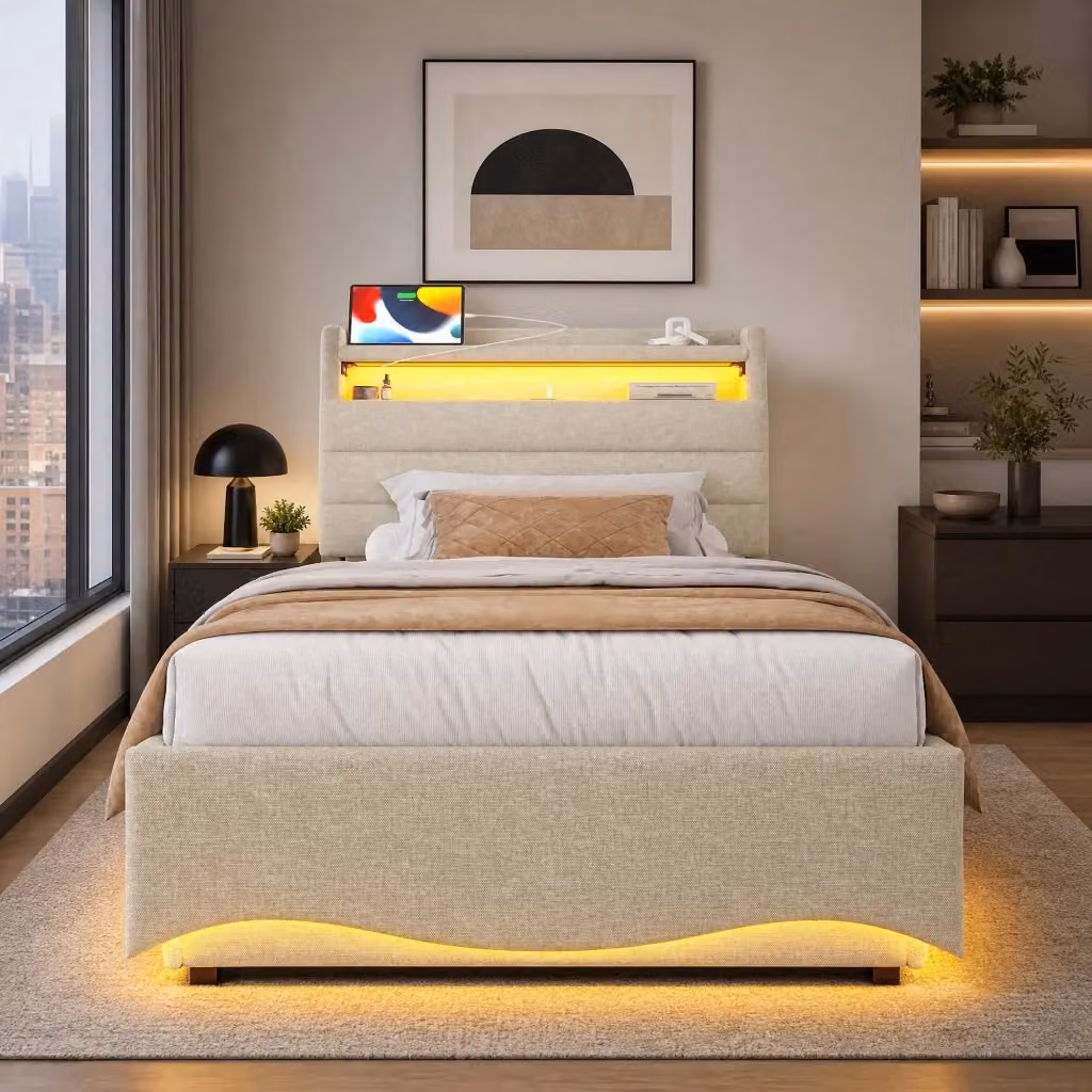 Letto Mivray con contenitore e illuminazione LED, porte di ricarica USB e USB-C, rivestito in tessuto beige, L/P/H: 90 x 200 cm – 2