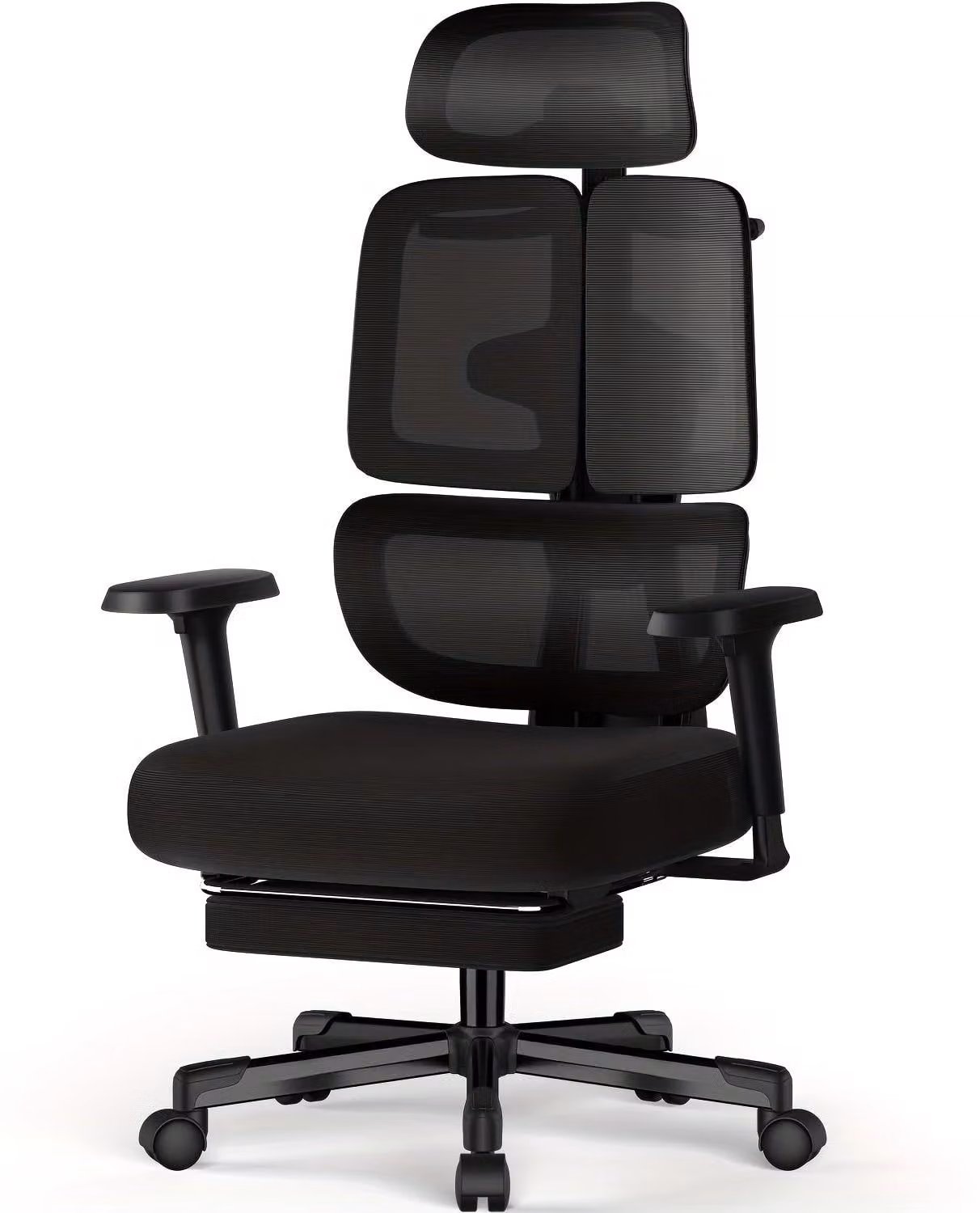 Sedia da ufficio ergonomica con altezza regolabile, braccioli, supporto lombare e poggiapiedi, colore nero