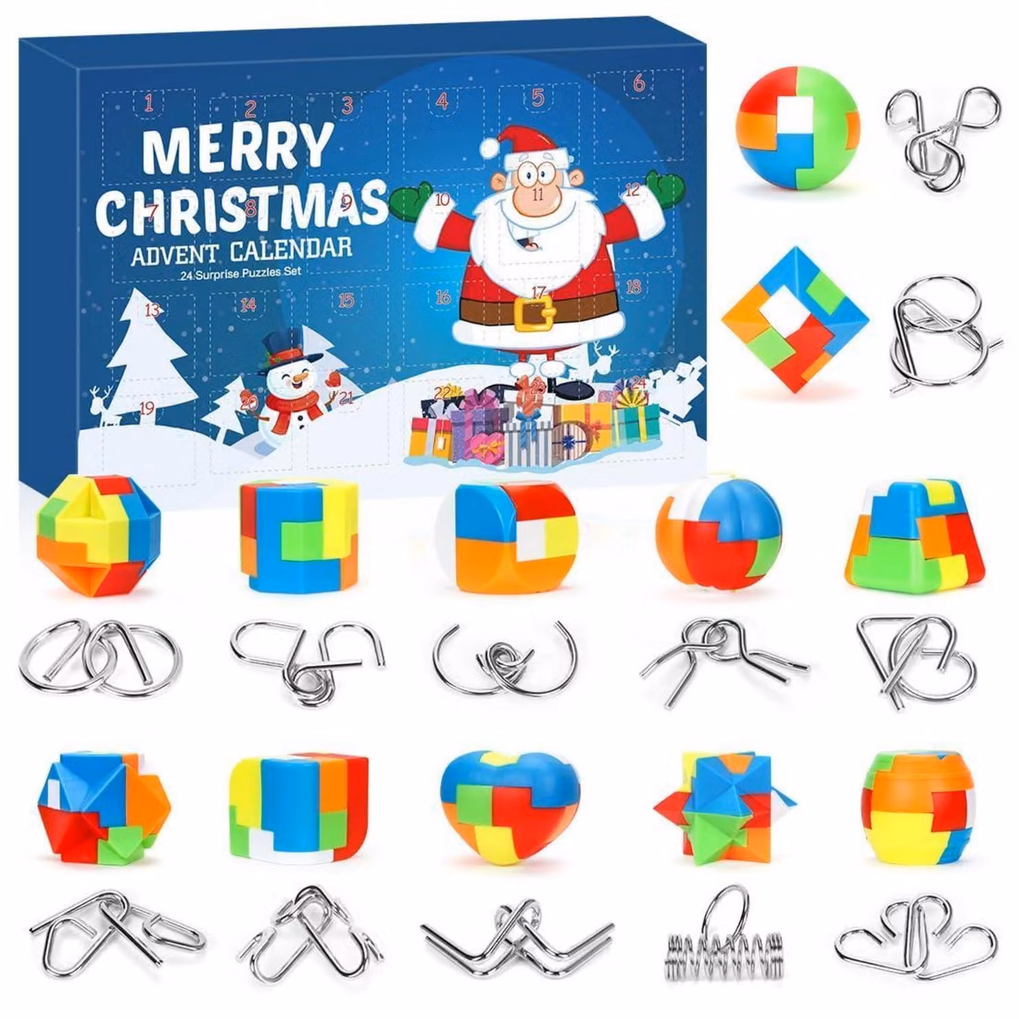 Calendario dell'Avvento con giochi di logica, contenente 24 puzzle in metallo e plastica, adatti a bambini e adulti