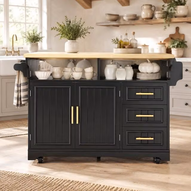 Isola da cucina su ruote con piani ribaltabili; 3 cassetti e ripiani regolabili; MDF nero