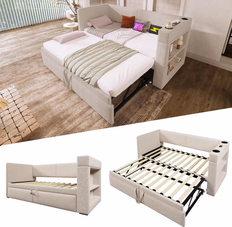 MODFU divano letto 90x200 daybed con letto estraibile e portabicchieri, daybed con porta di ricarica USB&Type-C e contenitore, letto singolo in lino, beige (con materasso)